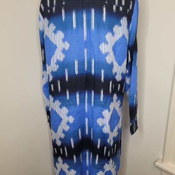 Chicos Womens Blue White Ikat Print Linen Button-Down shirt dress 12/14 tunic - Picture 2 of 7